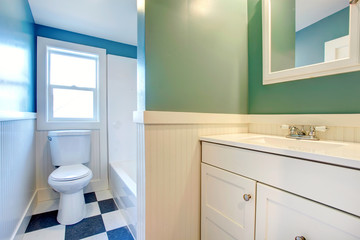 Fototapeta na wymiar White bathroom with green and blue walls