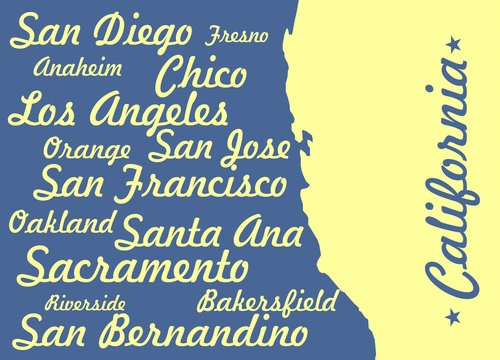 california map silhouette with cities names