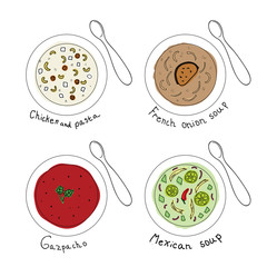 Different soups in white bowl. Vector illustration