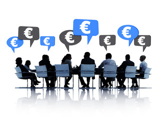 Silhouette Group of Business People Discussing with Euro Sign