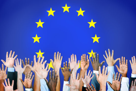 Group of Multiethnic World People's Hands with European Flag