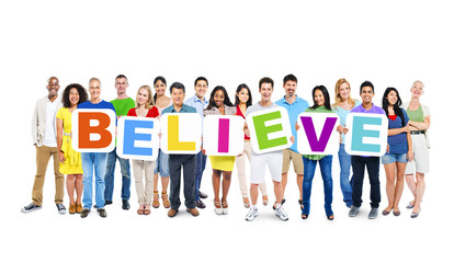 Fototapeta premium Multiethnic Group of World People Holding Word Believe