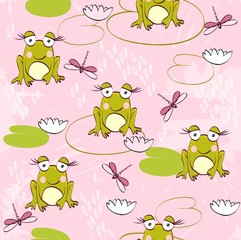 Obraz premium Sweet seamless pattern with frogs and dragonflies