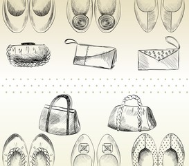 fashion handbags and shoes. Hand drawn illustration.