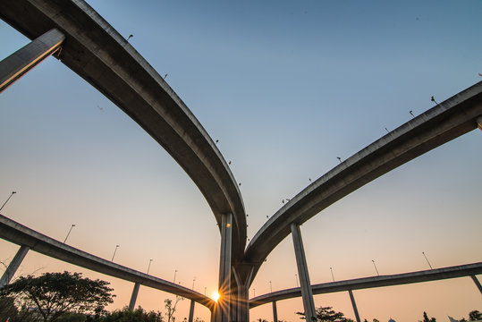Elevated expressway. The curve of suspension bridge, Thailand.