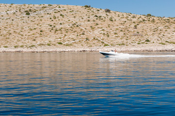 Motorboat in the sea, Kornati national park. Croatia