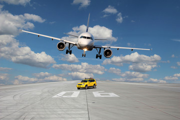 Treshold of runway with car and plane - 62164366