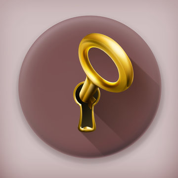 Golden key, long shadow vector icon