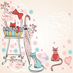 Vintage card vector with cats in bright colors