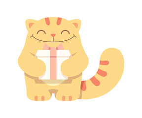 Cute fluffy cat with a present. Illustration.
