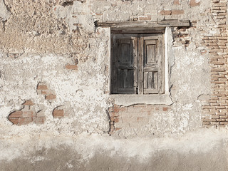 Rural window, spanish architecture, bricks wall and wooden detai