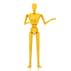 3d business man holding your product and pointing finger at it