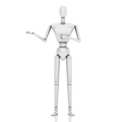 3d business man holding your product and pointing finger at it