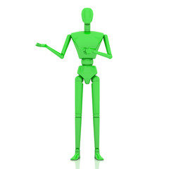 3d business man holding your product and pointing finger at it