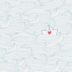 Seamless pattern with waves and paper ship with heart. - 62171143