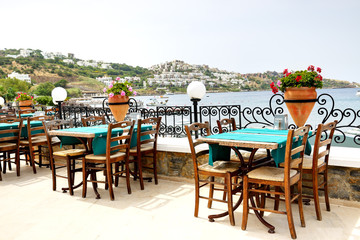 The terrace near beach at luxury hotel, Bodrum, Turkey