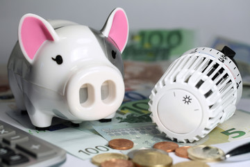 Heizkosten - Regelventil mit Sparschwein und Euros - g574