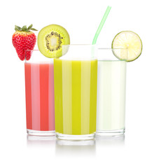 tasty summer fruits with juice in glass