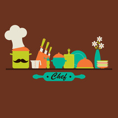 Naklejka premium Kitchenware and utensils vector illustration. Concept of cooking
