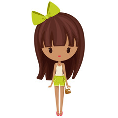 Cute little fashion girl with a handbag. Isolated over white