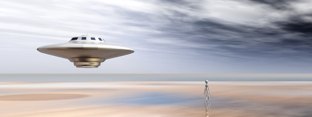 Spaceship and Alien in a Distant World © Michael Rosskothen