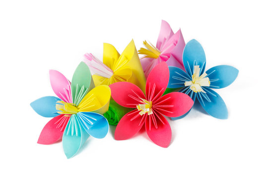 four colored paper flowers and flower with varicolored petals