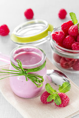 Raspberry yogurt with ripe raspberries