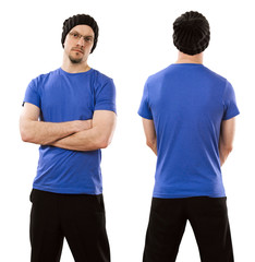 Man wearing blank blue shirt