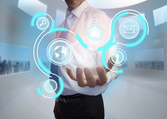 Businessman presenting interface with email and earth options