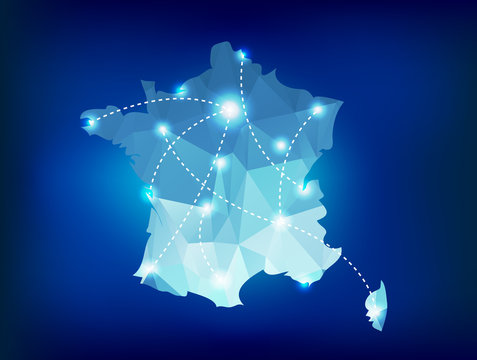 France country map polygonal with spot lights places