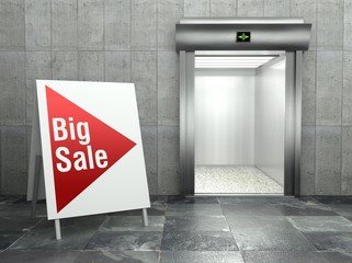 Big sale concept. Modern elevator with open door