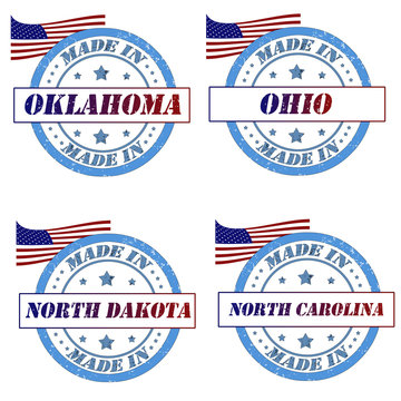 Set of stamps with made in oklahoma,ohio,north dakota