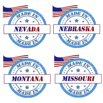 Set of stamps with made in nevada,nebraska,montana,missouri