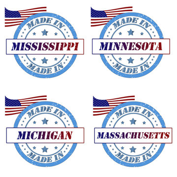 Set of stamps with made in mississippi,minnesota,michigan