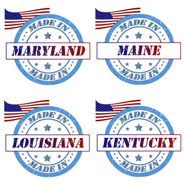 Set of stamps with made in maryland,maine,louisiana,kentucky