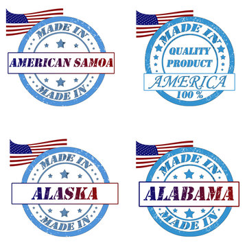 Set of stamps with made in samoa,america,alaska,alabama