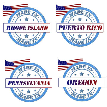 Set of stamps with made in rhode island,puerto rico,pennsylvania