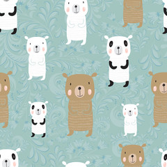Seamless cartoon pattern with bears. Panda, polar bear
