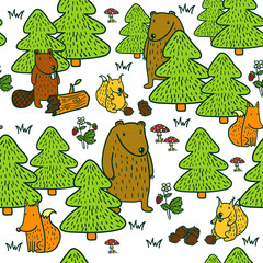 Cute pattern with cartoon forest animals - 62180729