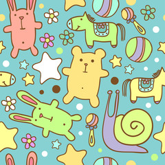 seamless baby pattern with cute cartoon animals - 62181799
