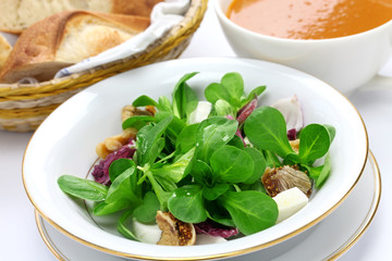 fresh vegetable salad with bread and soup, breakfast