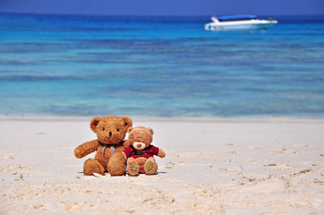 Two Teddy Bears sitting on the beach.