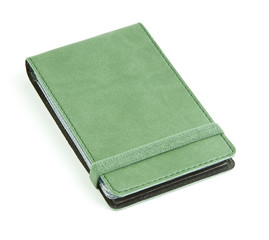 Green leather business cards holder isolated on white background