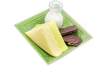 Chiffon cake and chocolate and milk