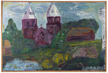 Rural church  landscape in wooden fram