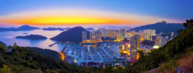 Sunset at typhoon shelter in mountain in Hong Kong