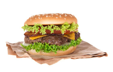 delicious hamburger over white
