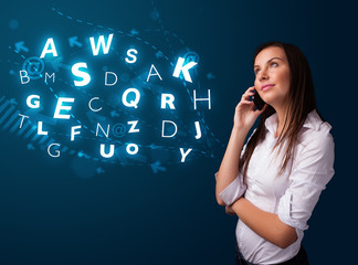 Young lady making phone call with shiny characters