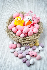 Easter background on white wooden desk