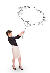 Young lady holding cloud balloon drawing